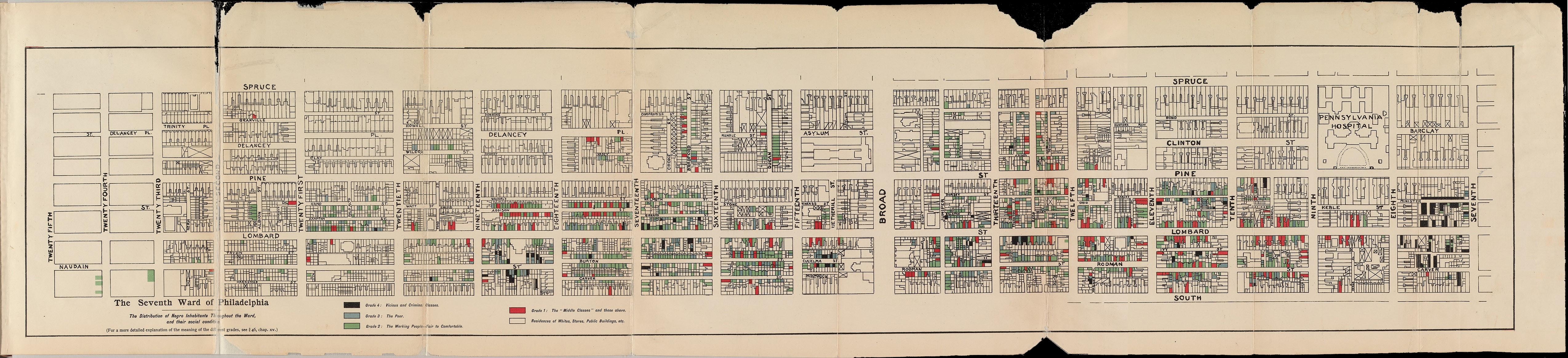 A map of the seventh ward of Philadelphia. The map is about four times as wide as it is long, and its yellowed paper is worn, creased, and torn at the edges. Subdivided by street names, the Black population in this region is categorized by a color which corresponds to social condition. Red, green, blue, and black rectangles are drawn within building outlines that run along the streets of the ward. Red describes the middle and upper classes, green represents the “fair to comfortable” working class, blue describes the “poor” lower class, black represents the “vicious and criminal classes,” and the remaining white spaces, which occupy much of the map, indicate white residences, stories, public buildings, “etc..”