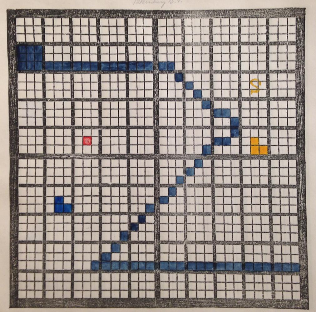 The eighth of eight examples of student charts. Several event squares, distributed across the chart, are shaded in yellow and blue. The student has used the squares to create a blue zig-zagging line across the entirety of the chart.