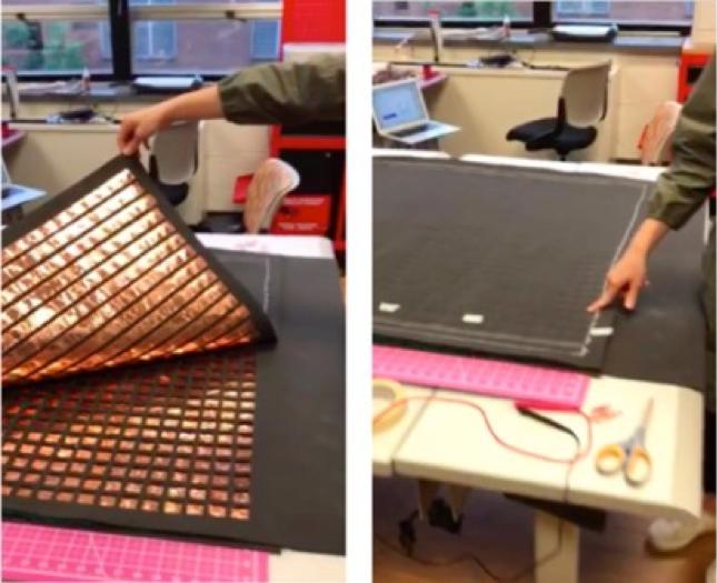The first two photos in a series documenting the layers of the Floor Chart. In the photograph on the left, a hand holds open top layer of the touch interface, revealing what is below: a layer that consists of horizontal strips of copper tape, a layer that consists of vertical strips of copper tape, and between them, a foam grid that serves as a spacer. In the right-hand photo, a finger presses directly on the foam touch interface, demonstrating its responsiveness to touch.