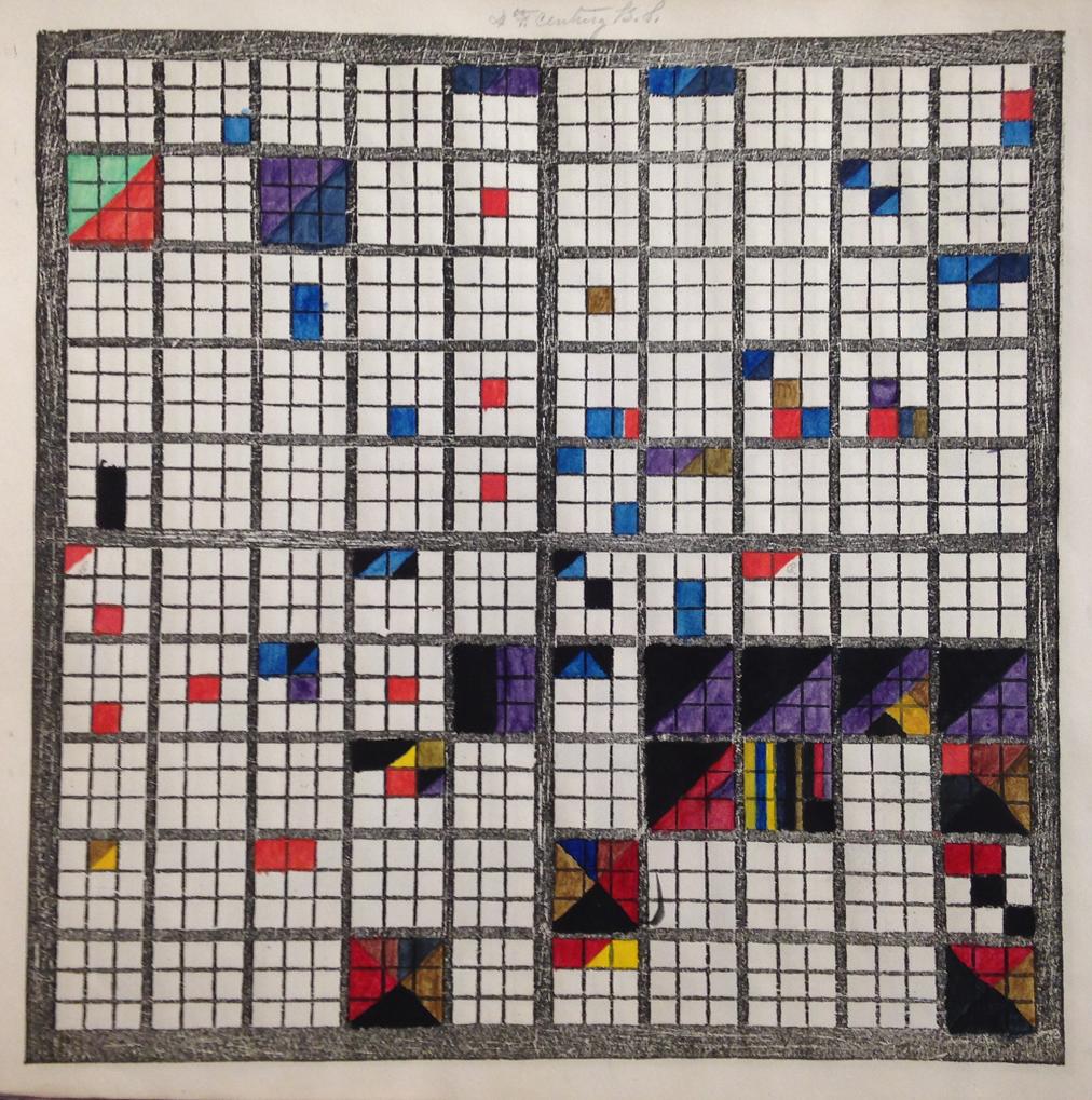 The second of eight examples of student charts. Black, purple, and red dominate this image, with several years completely shaded, concentrated in the latter half of the century. Other single event squares are shaded throughout the chart.