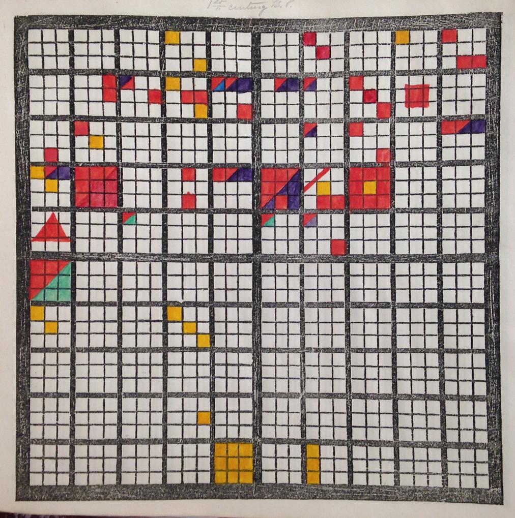 The third of eight examples of student charts. Red is the primary color in this image. The shaded event squares are concentrated in the first half of the century.