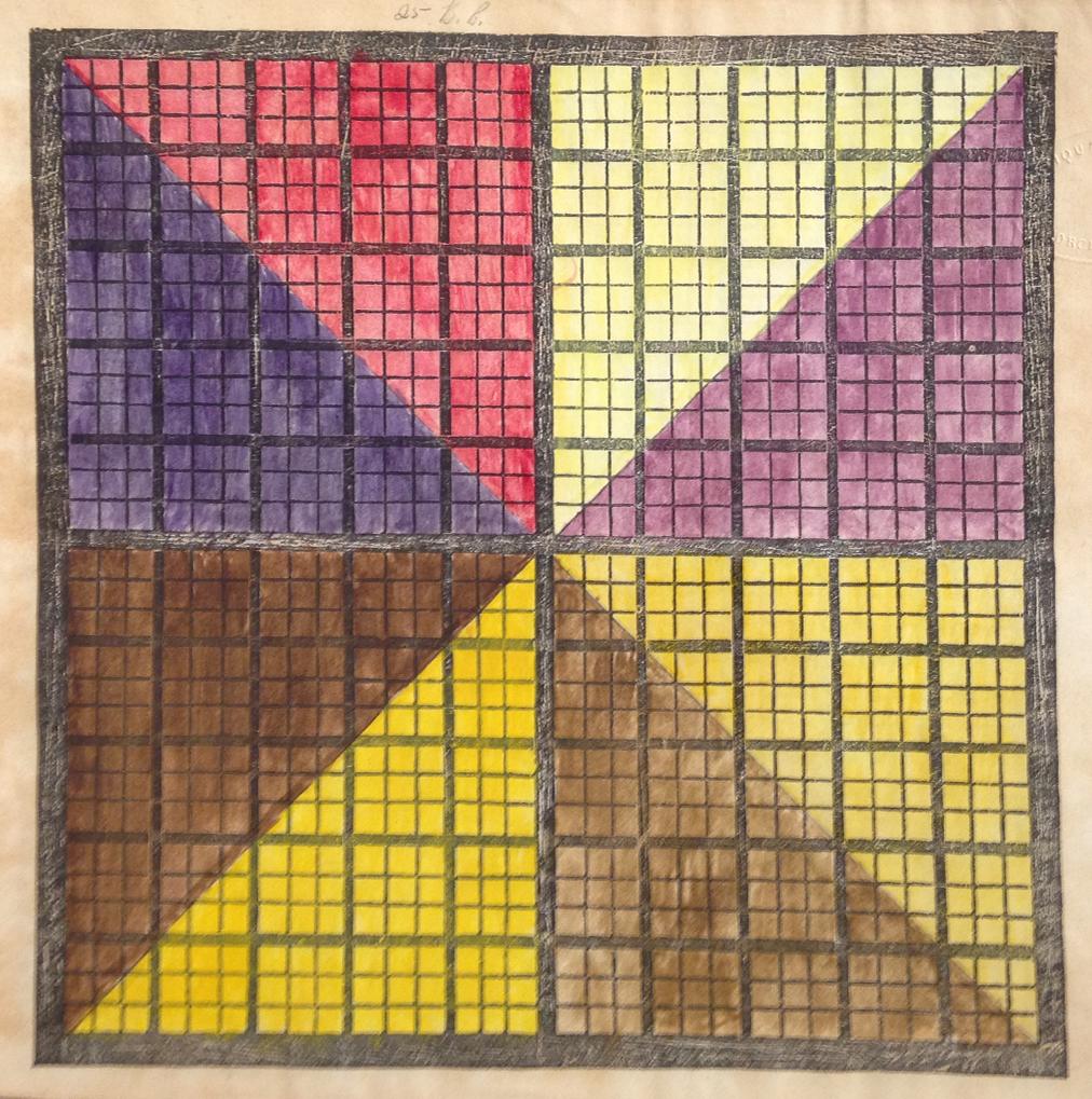 The fourth of eight examples of student charts. This chart, the student has disregarded the grid lines. Instead, each quadrant is subdivided into two triangles (eight total). Each triangle is shaded a different color, seemingly at random. The overall effect is one of a pinwheel.