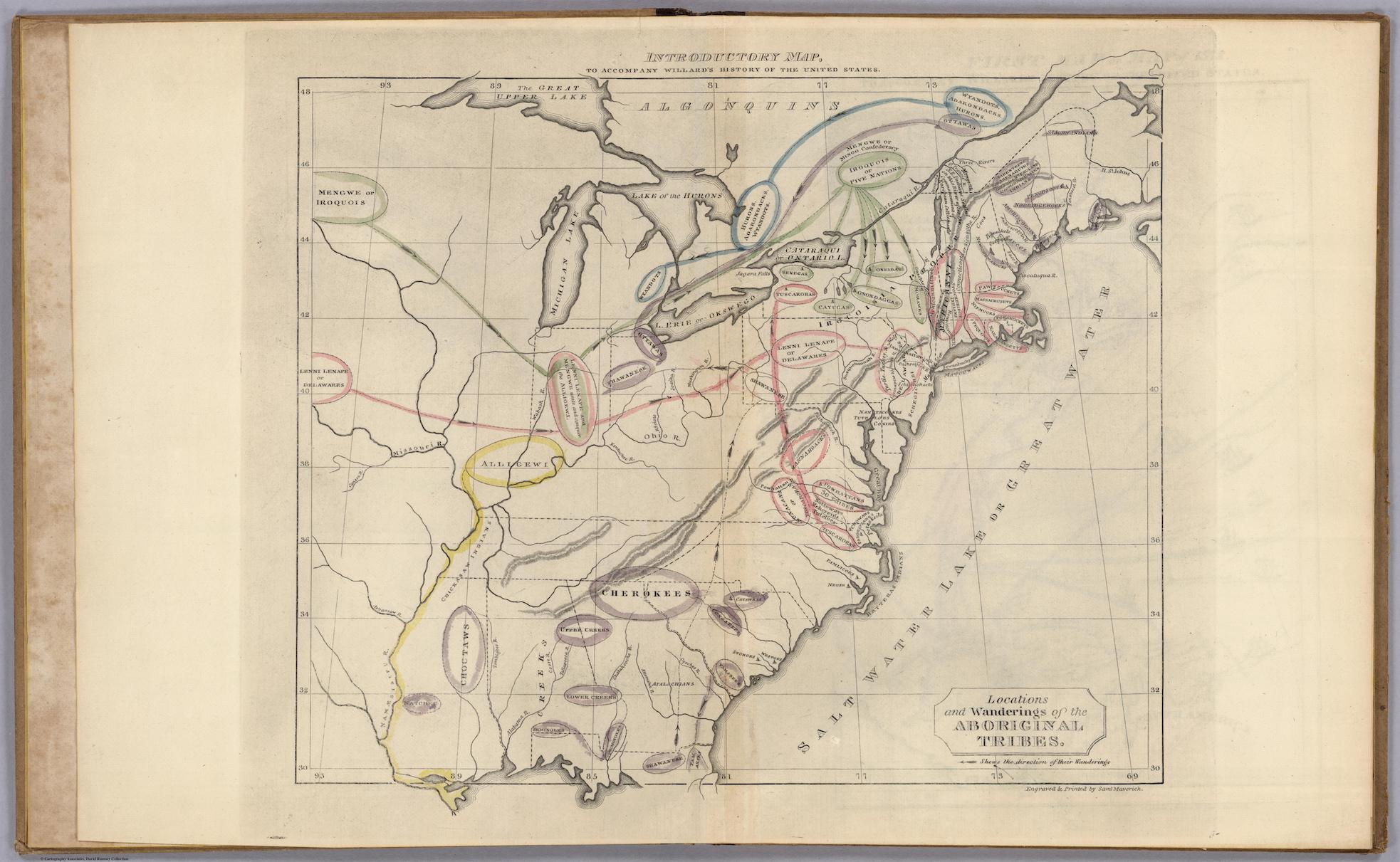 Introductory Map, to Accompany Willard's History of the United States. A map of the eastern half of the United States depicting the locations and movements of various indigenous tribes (or the “Wanderings of Aboriginal Tribes,” according to the map’s language). Tribe names are printed in bold, uppercase letters and circled with different colors, along with the paths of their movements. Near the five Great Lakes, there is a cluster of pink, green, and purple circles and lines, depicting a high number of peoples who lived and moved around this area. Purple, yellow, and pink lines spread out from that point and occupy land further west and south.