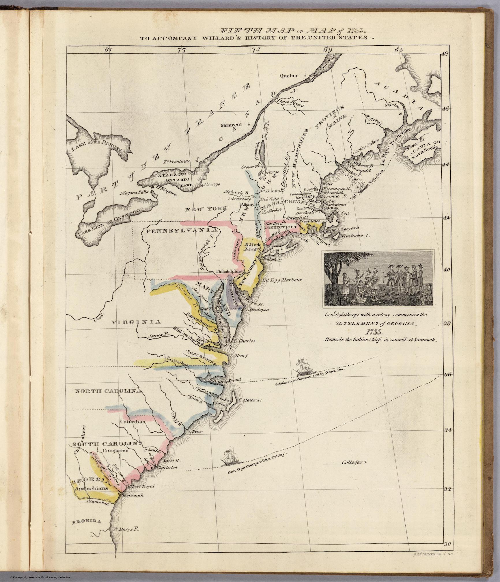 A 1773 map of North America of similar composition to the fourth in the series with slightly different coloring, the inclusion of Georgia and a part of Canada right above the Great Lakes termed “Part of New France,” as well as a different illustration halfway down the right-hand side of the page. The image depicts six figures on the right wearing uniforms resembling military attire greeting five figures on the left of a darker complexion adorning feathers. The left-most figure holds a bow and arrow, and the arrow is pointing at their face. The caption reads, “Gen. Oglethorpe with a colony commences the Settlement of Georgia, 1733. Hemeets the Indian Chief in council at Savannah.”