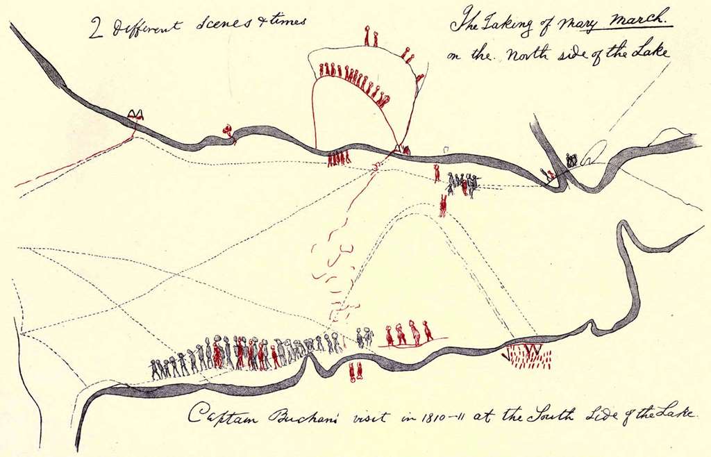 Sketch II A sparsely illustrated sketch of the Beothuk’s encounters with the British. Two grayscale thick lines curve across the page horizontally, one near the top and another near the bottom, which represent the borders of the lake. Red and black minimalistic figures are drawn scattered both in groups and in isolation to represent the British (those drawn in black) and the Beothuk (those drawn in red). Several black dotted paths cross and stretch across the lake’s surface area. From the top of the page to the bottom of the lake, a solid, curving red line cascades and severs into multiple lines until breaking into small fragments as the dotted black lines draw nearer. Notably, a long line of black figures rest atop the bottom curve of the lake with a few red figures, indicating the Beothuk’s capture. Near the top center of the sheet, a red line curves above the lake and red figures are stationed around it. Other minimal red and grayscale markings depicting Beothuk or British movement are dispersed across the page. The illustrated map is bordered by three large annotations, written by Cormack and edited by Howley. In the top left, he writes, “2 different scenes + times”; in the top right, he writes, “The Taking of Mary March on the North side of the Lake”; the final annotation at the bottom of the page reads, “Captain Buchan’s visit in 1810-11 at the South side of the lake.”